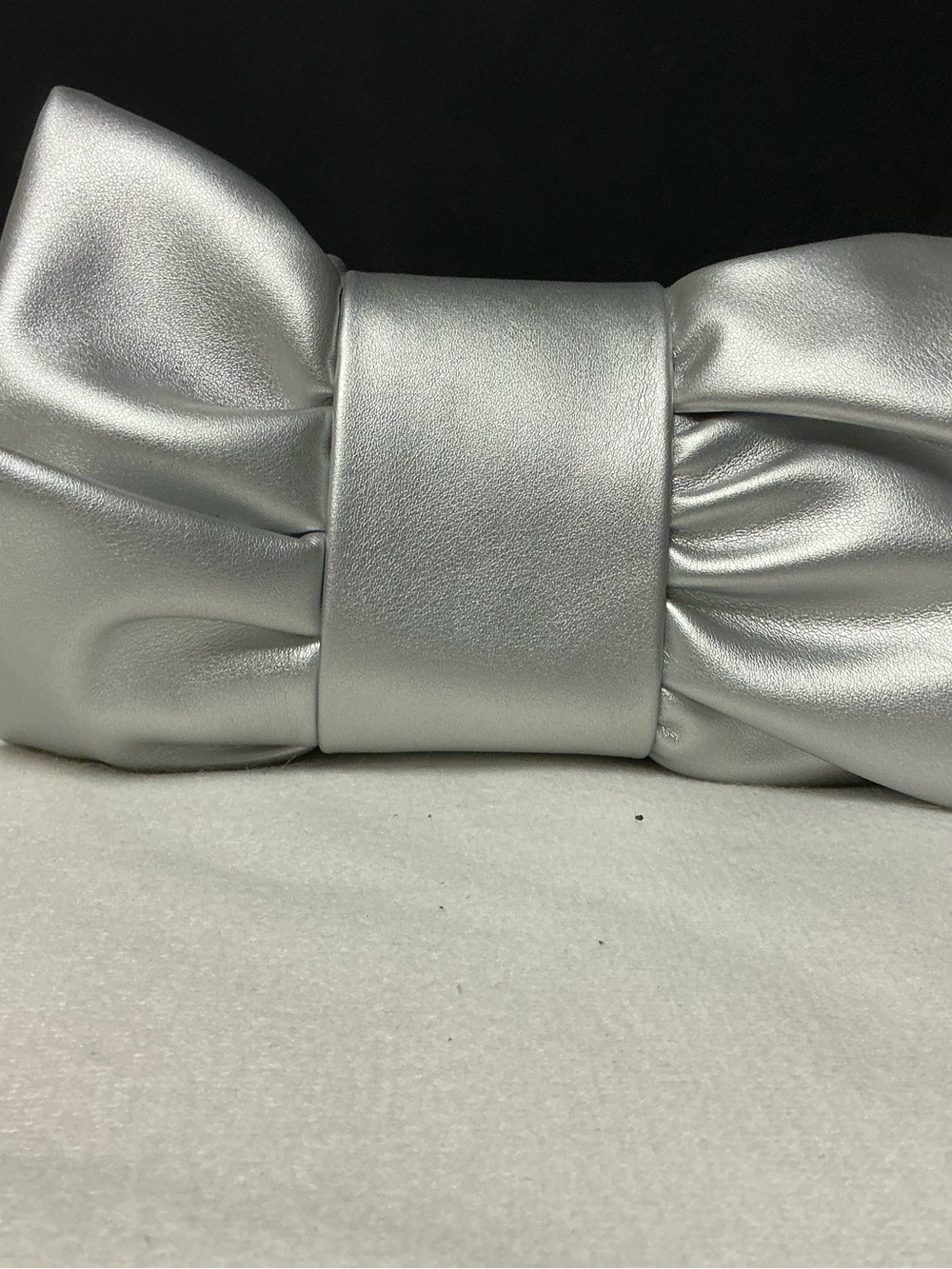 Silver Satin Bow Clutch with Gold Emblem - Picture 6 of 8